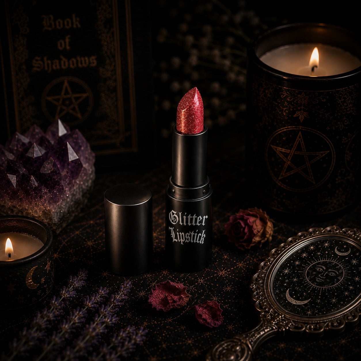 Miss Valkyrie Enchanted Rose Glitter Lipstick with sparkles, surrounded by mystical candles and decorations