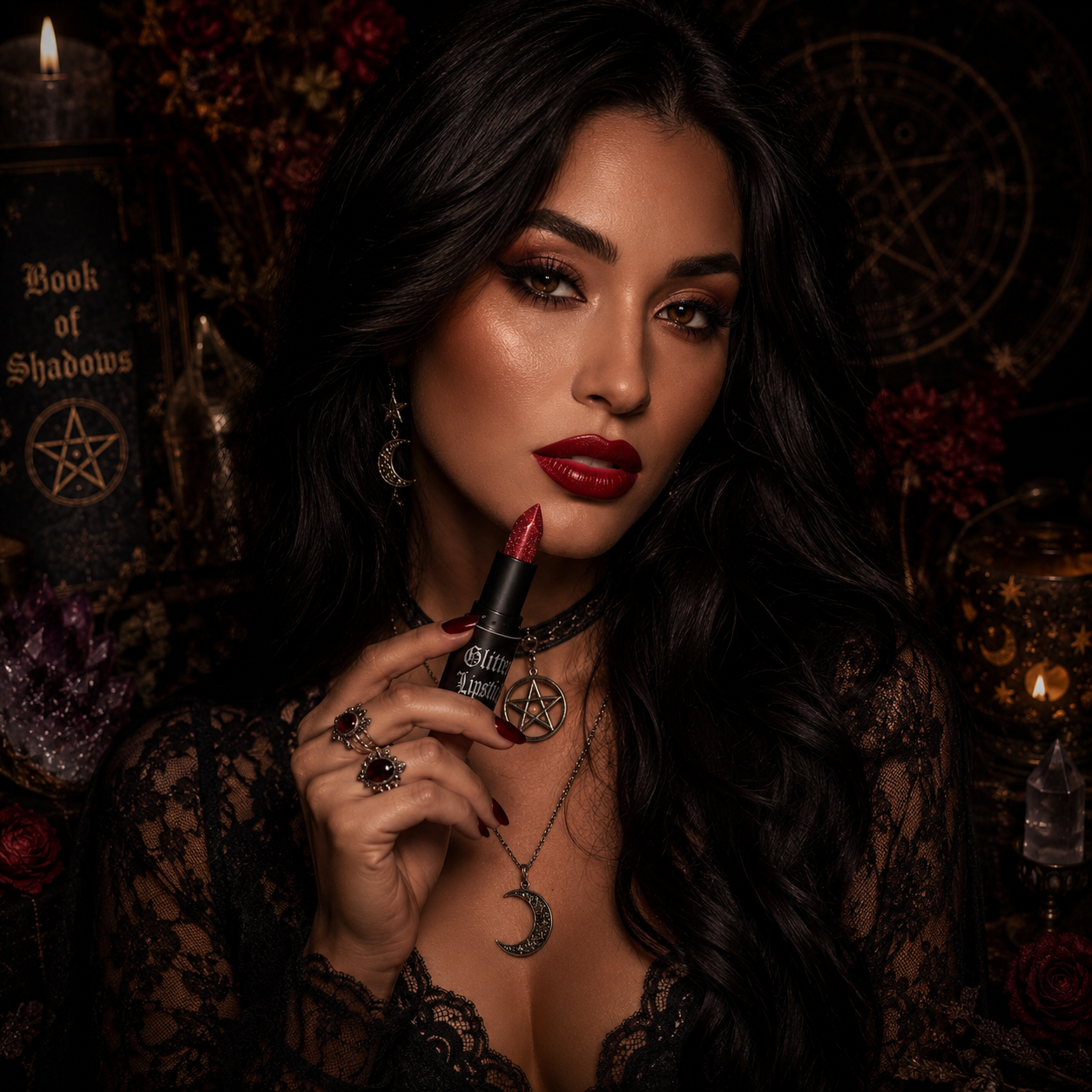 Miss Valkyrie Enchanted Rose Glitter Lipstick showcased by a model with dark, glamorous style