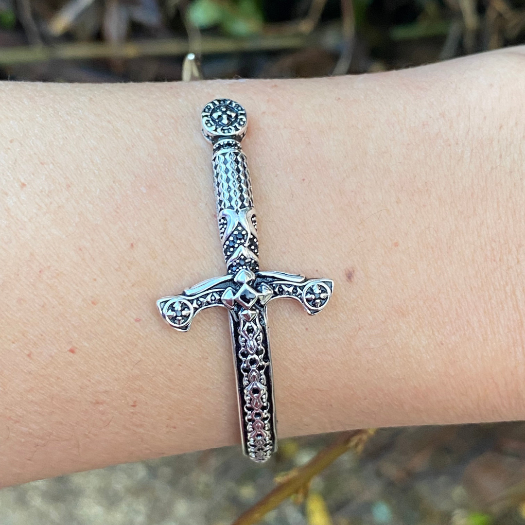 Miss Valkyrie sterling silver sword bracelet adjustable worn on wrist with intricate details