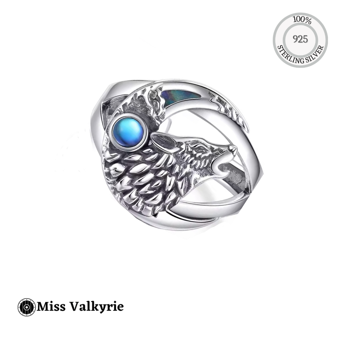 Sterling silver wolf ring adjustable featuring detailed wolf head and blue gemstone from Miss Valkyrie