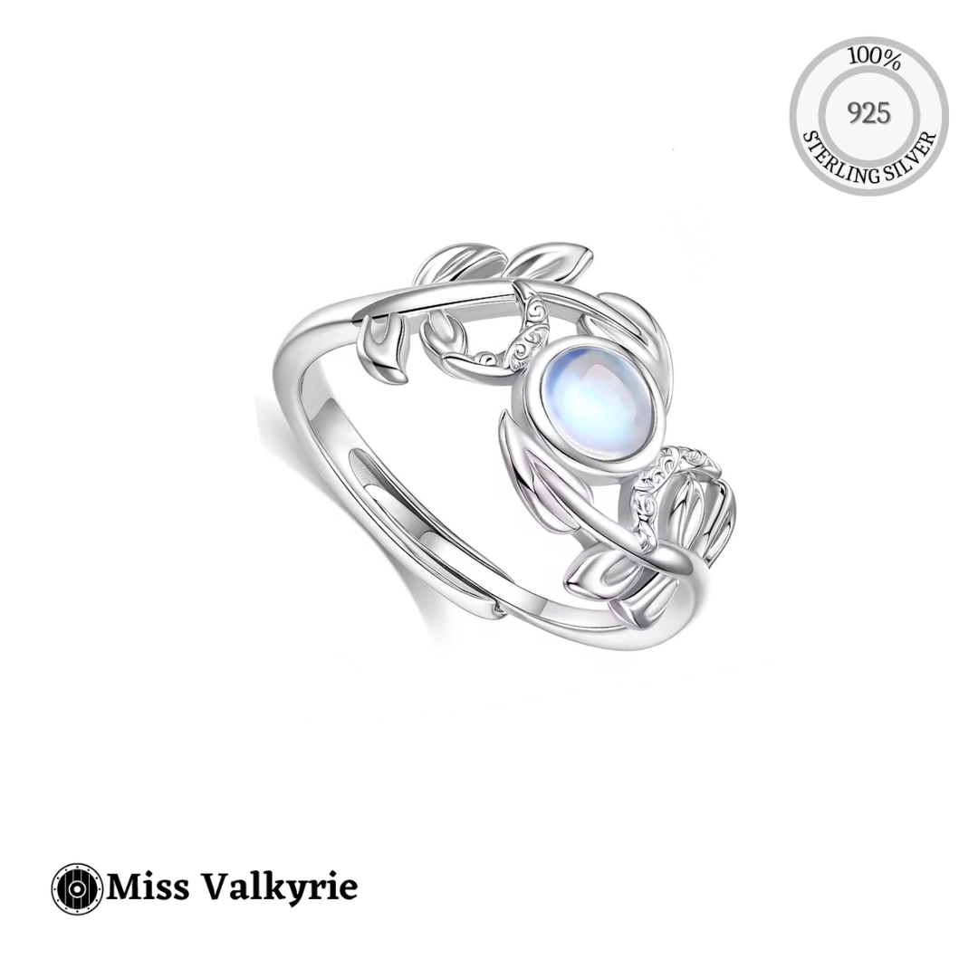 Miss Valkyrie 925 sterling silver triple moon ring with opalescent moonstone and leaf vine design