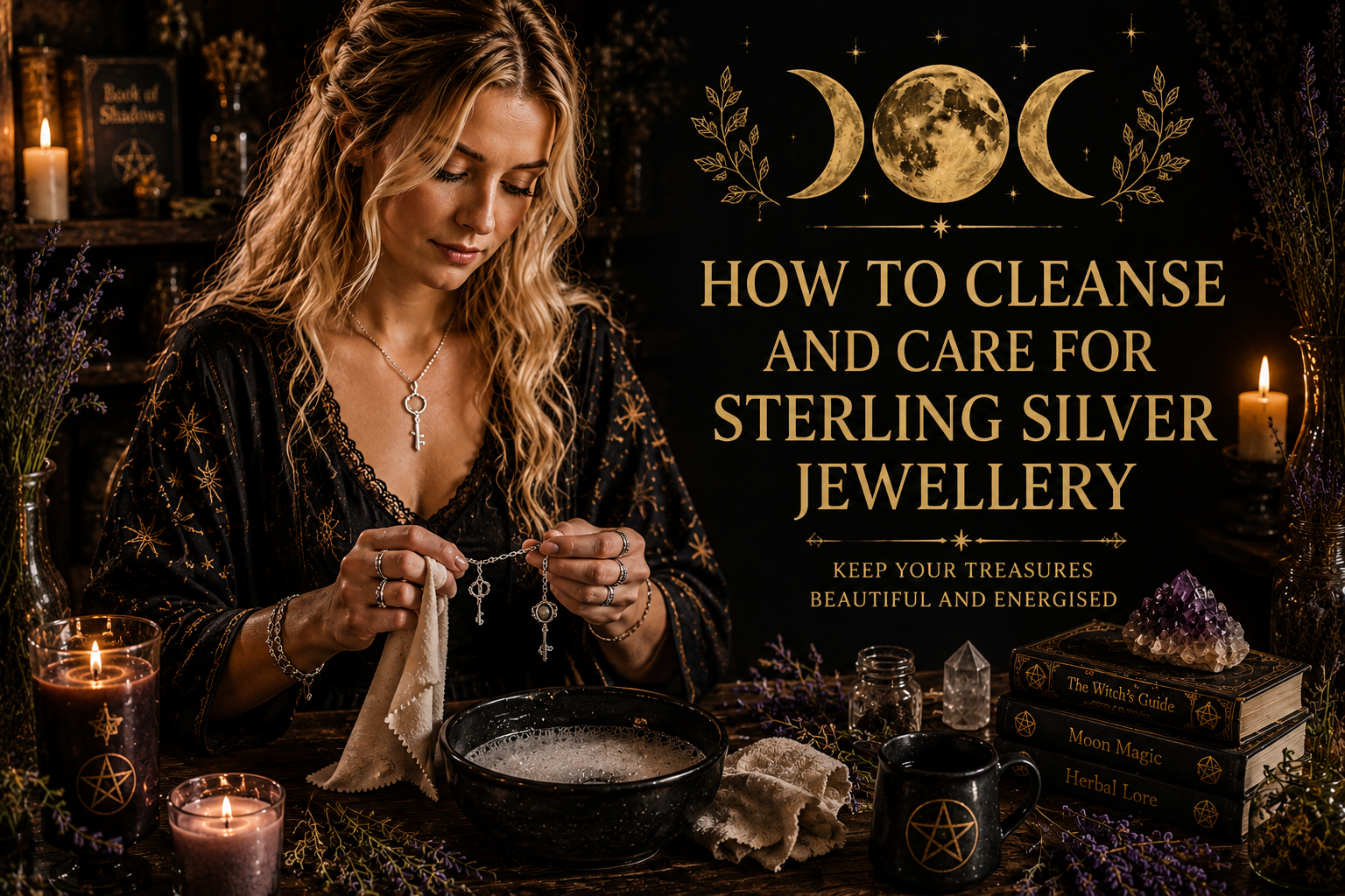 A woman cleaning sterling silver jewellery in a mystical setting, illustrating how to care for sterling silver jewellery