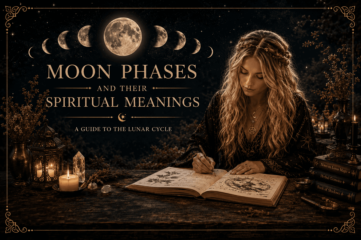 A woman studying moon phases and their spiritual meanings in a dimly lit environment