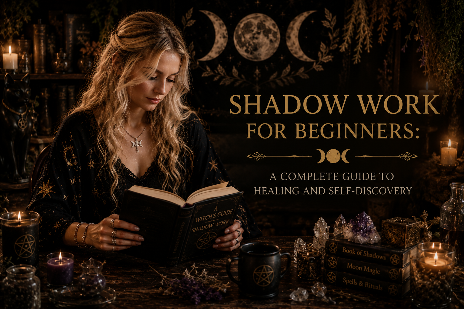 Beginners guide to shadow work featuring a woman reading a book in a mystical setting