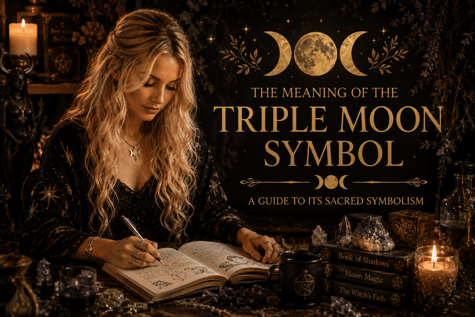 A woman studying the meaning of the Triple Moon symbol with candlelight and mystical decor