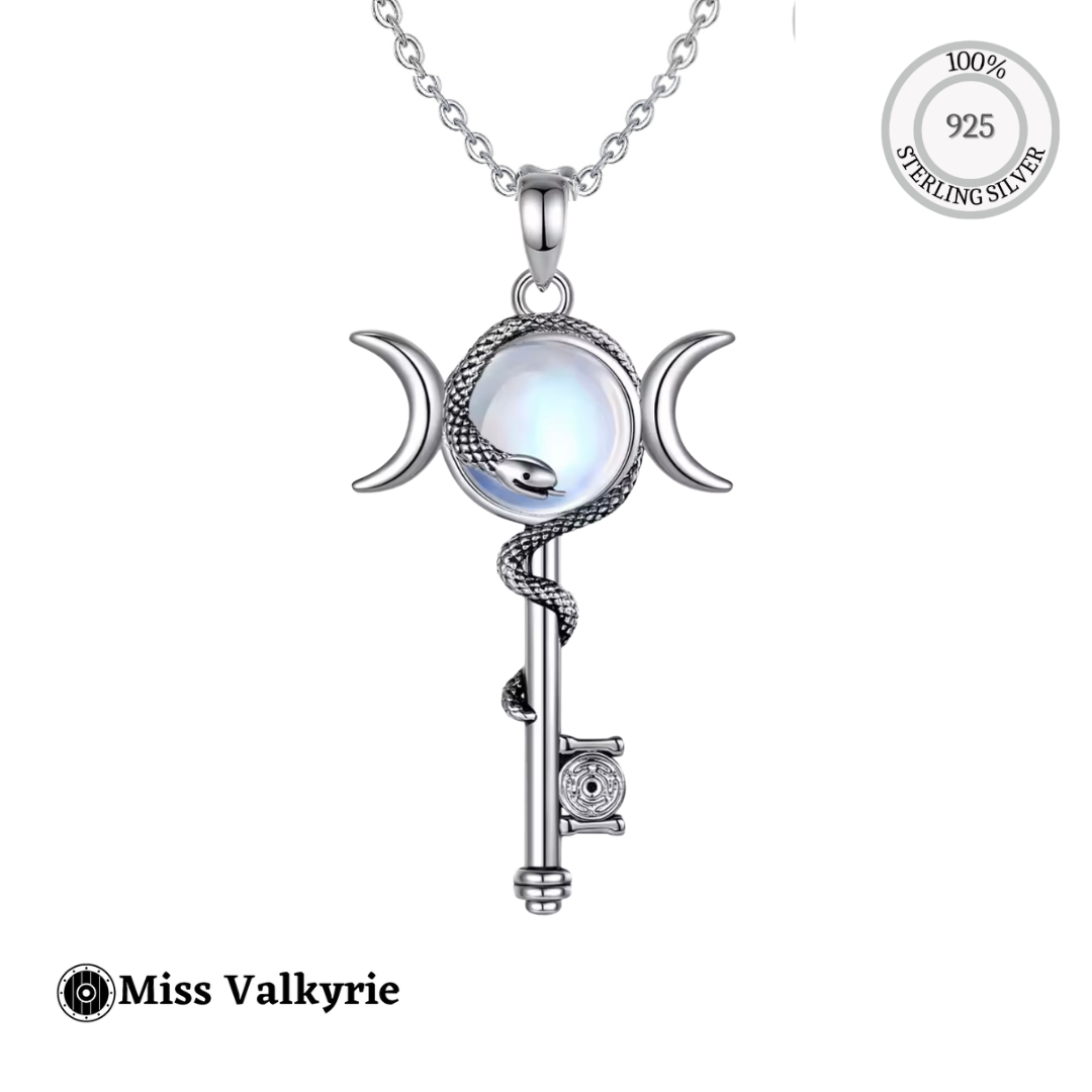 Hekate Key Moonstone Necklace in 925 sterling silver with a snake design and crescent moons