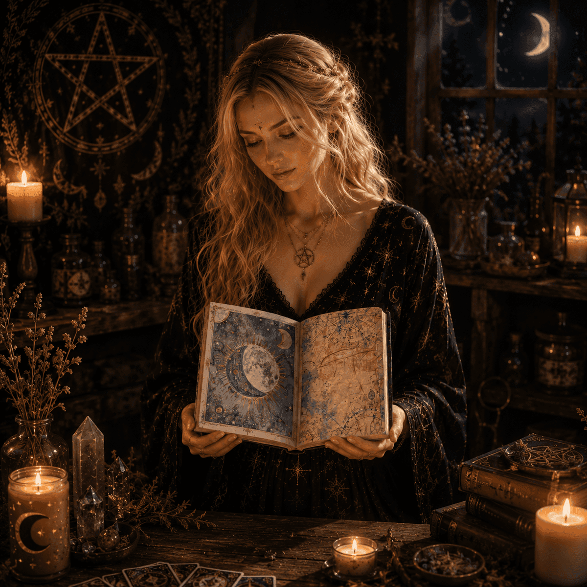 Miss Valkyrie fantasy journal featuring celestial designs and a woman reading it by candlelight