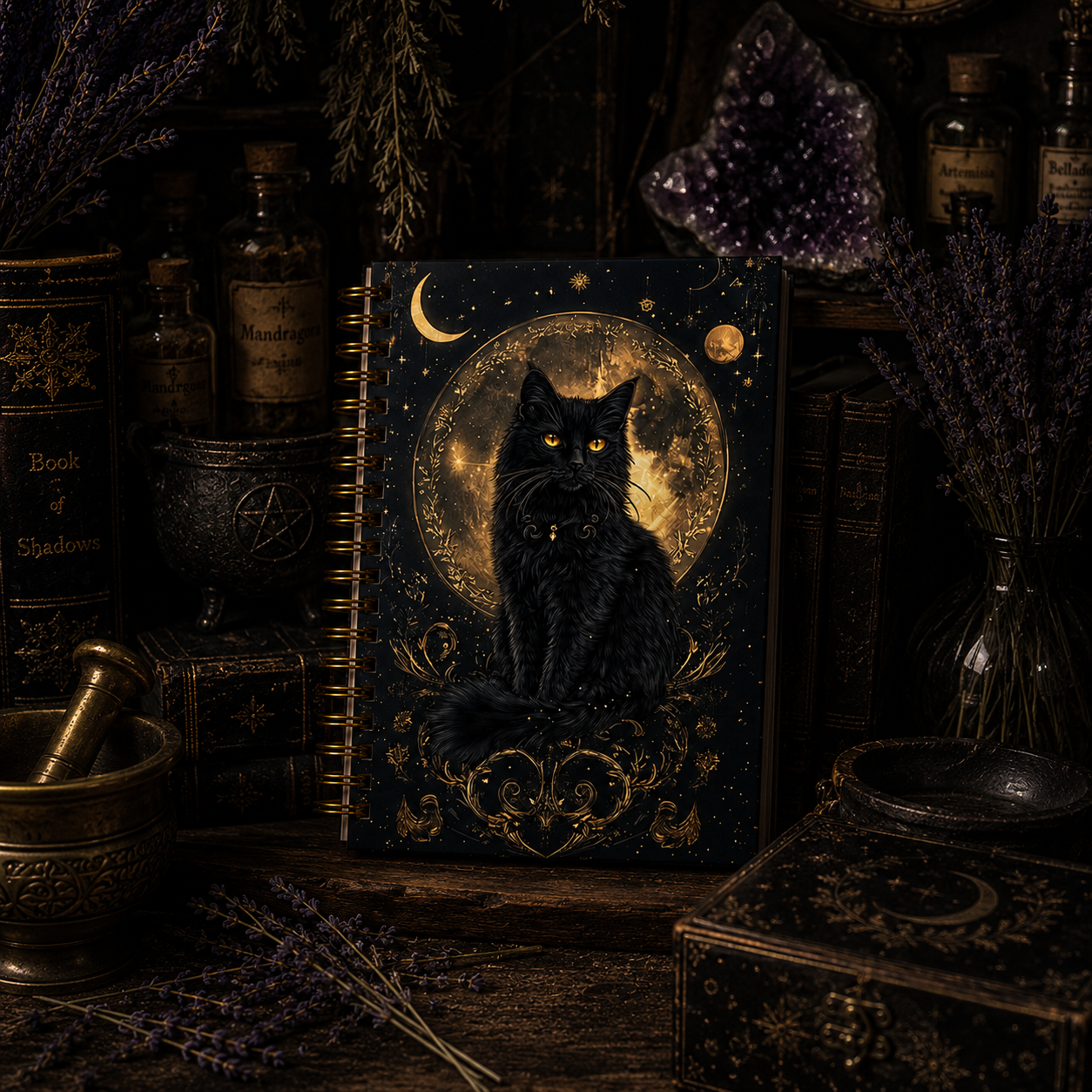 Celestial Black Cat Spiral Notebook