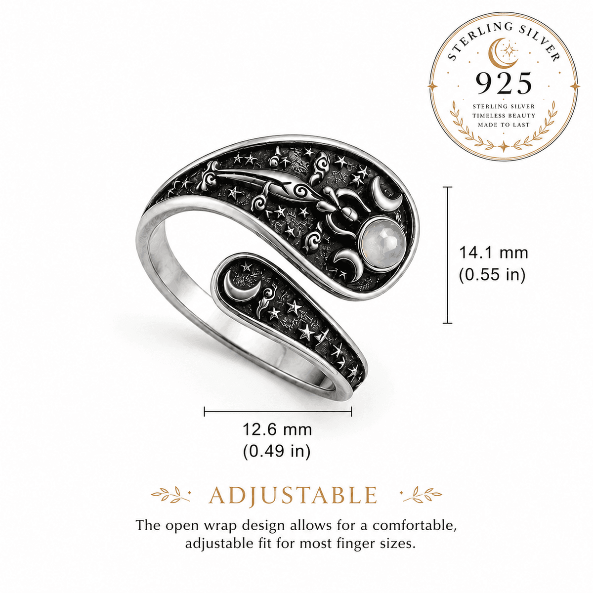 Miss Valkyrie Hekate hecate ring in sterling silver with adjustable open wrap design and moonstone details