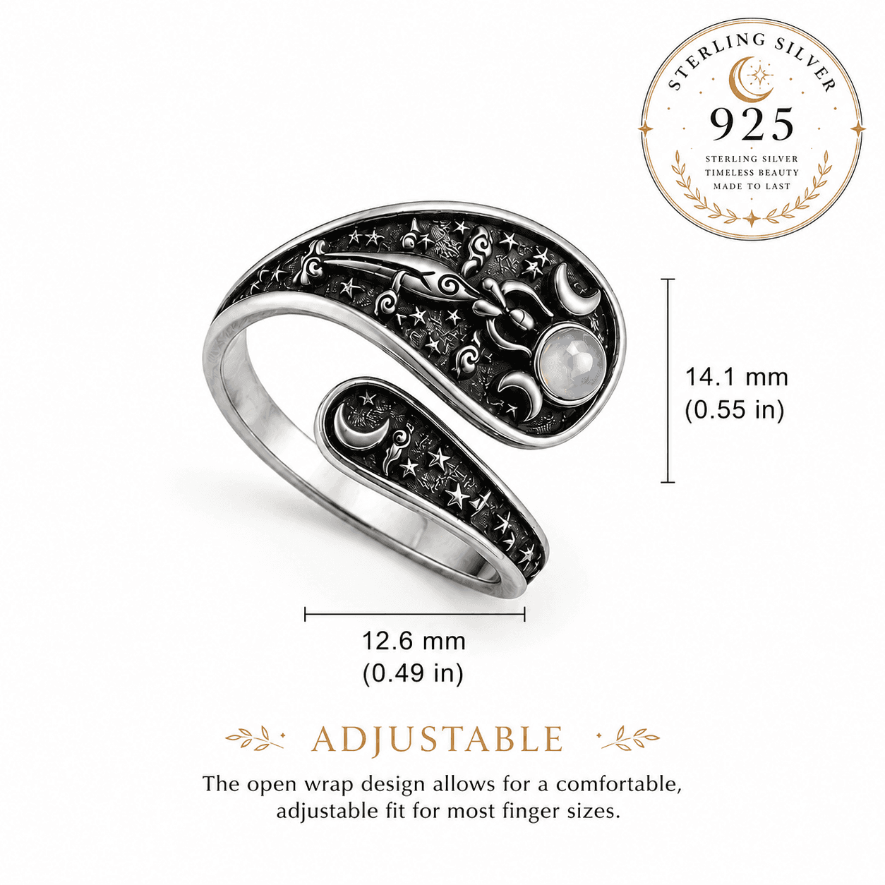 Miss Valkyrie Hekate hecate ring in sterling silver with adjustable open wrap design and moonstone details