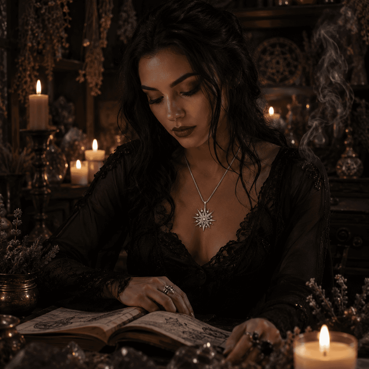 Elegant woman reading with a silver star necklace that adds a touch of enchantment