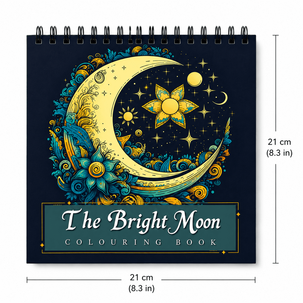 The Bright Moon Adult Colouring Book featuring intricate designs of a moon and flowers