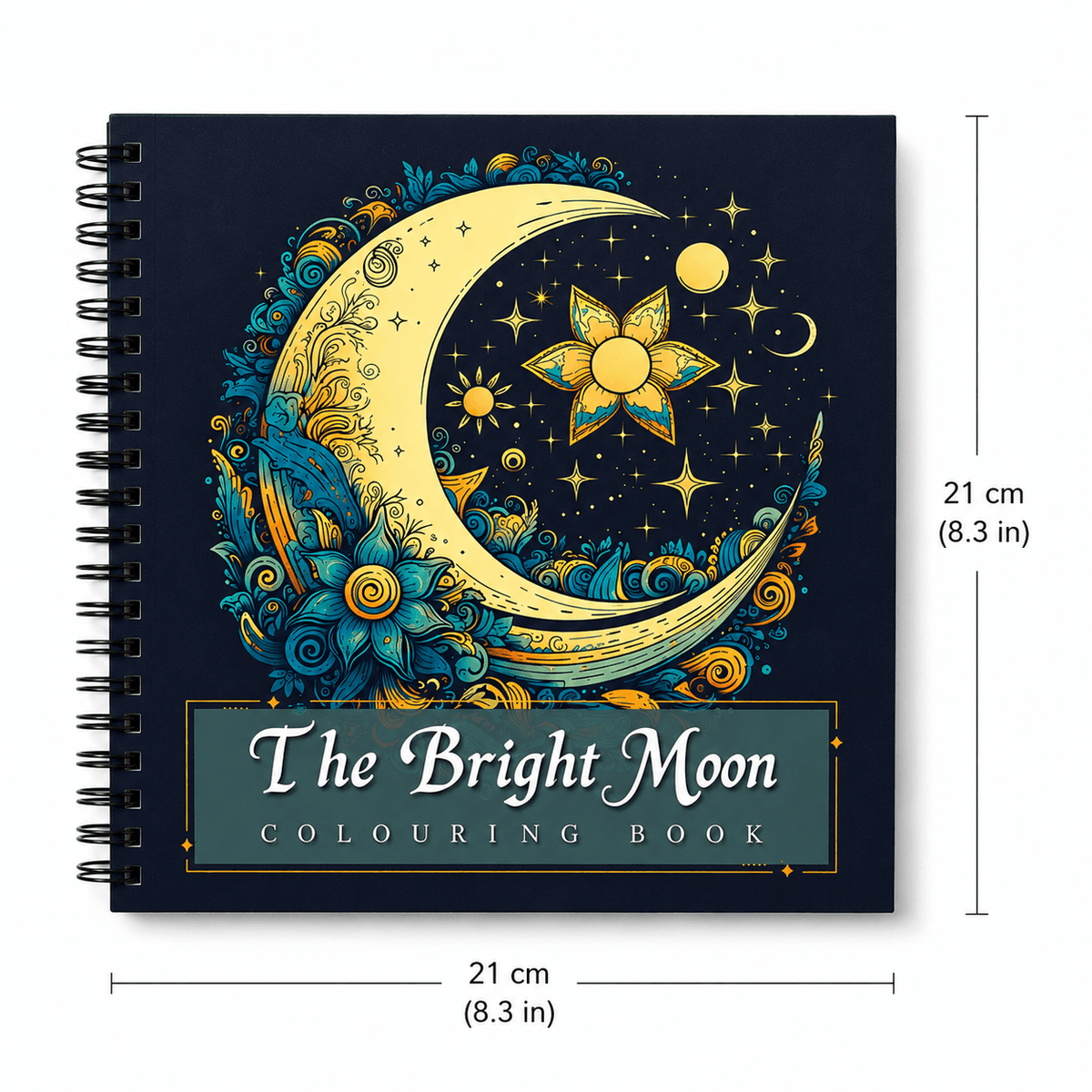The Bright Moon Adult Colouring Book featuring intricate designs and a spiral binding