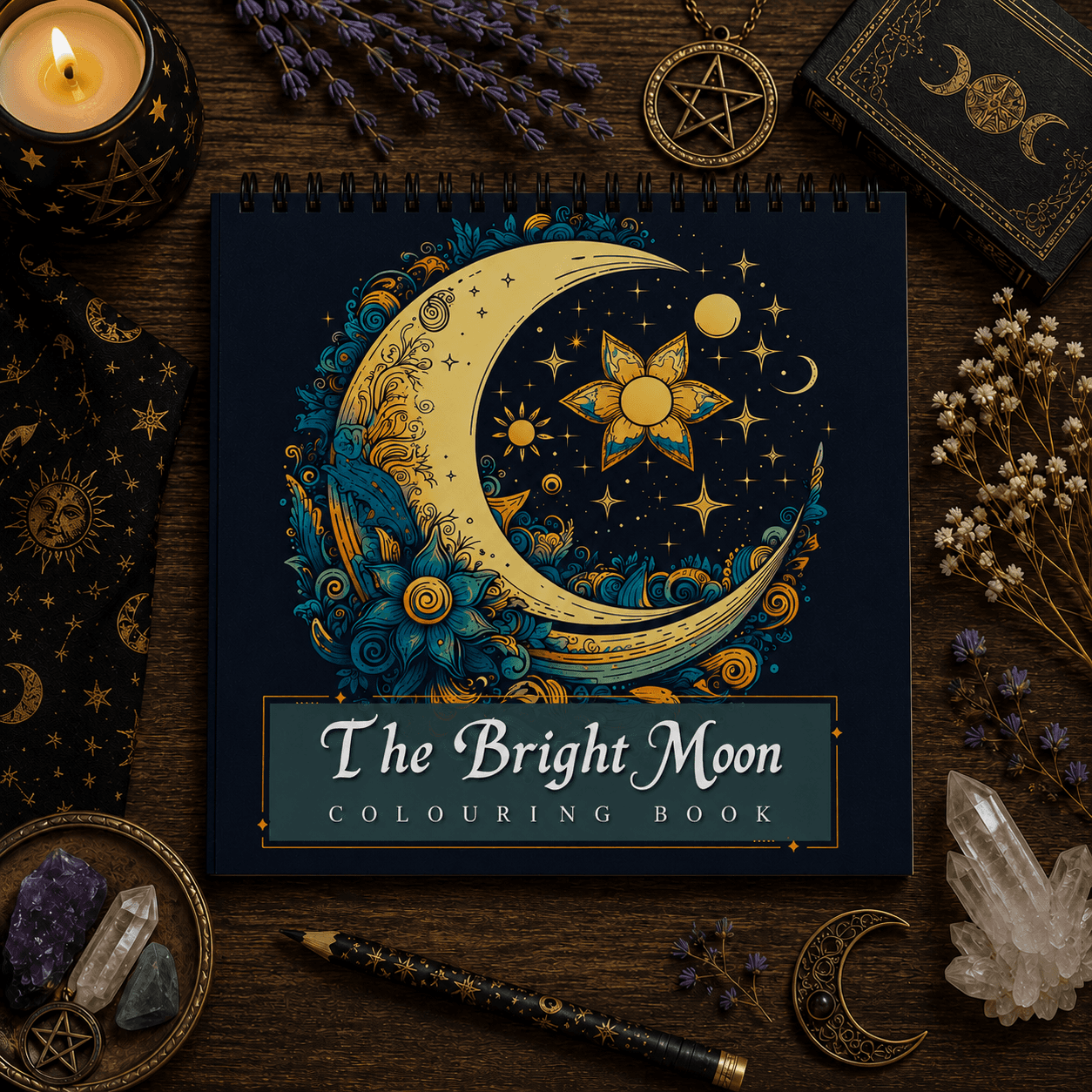 The Bright Moon Adult Colouring Book featuring intricate moon and floral designs on a dark background