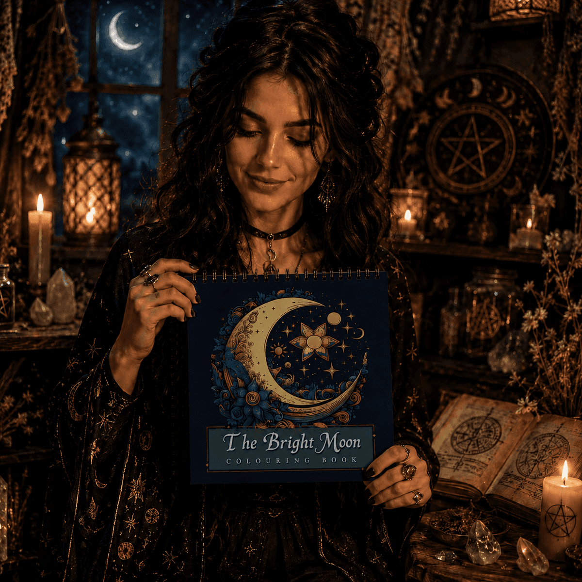 Miss Valkyrie Adult Colouring Book featuring intricate designs of moon and stars for relaxation