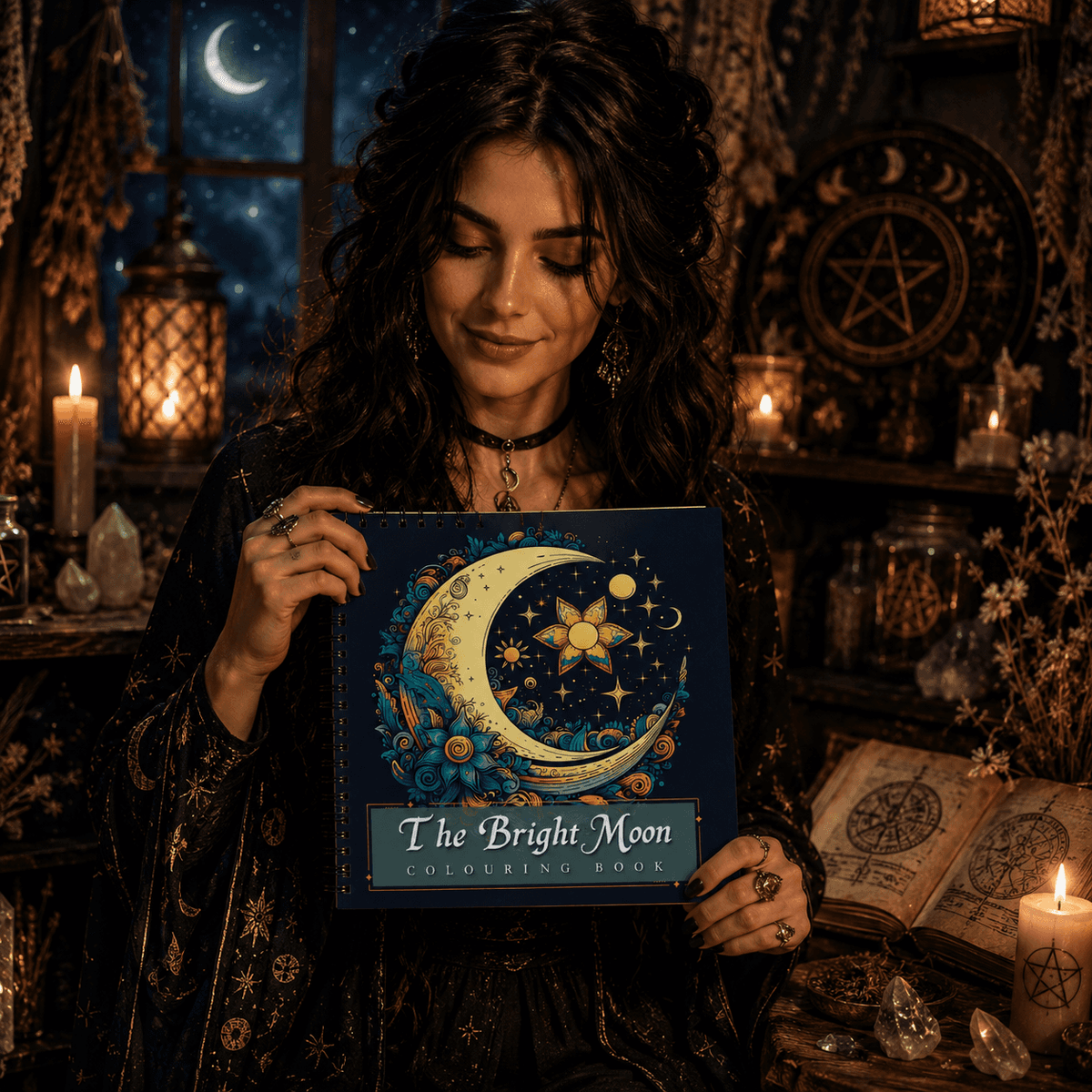 The Bright Moon Adult Colouring Book held by a woman in a mystical setting with candles and night sky decor