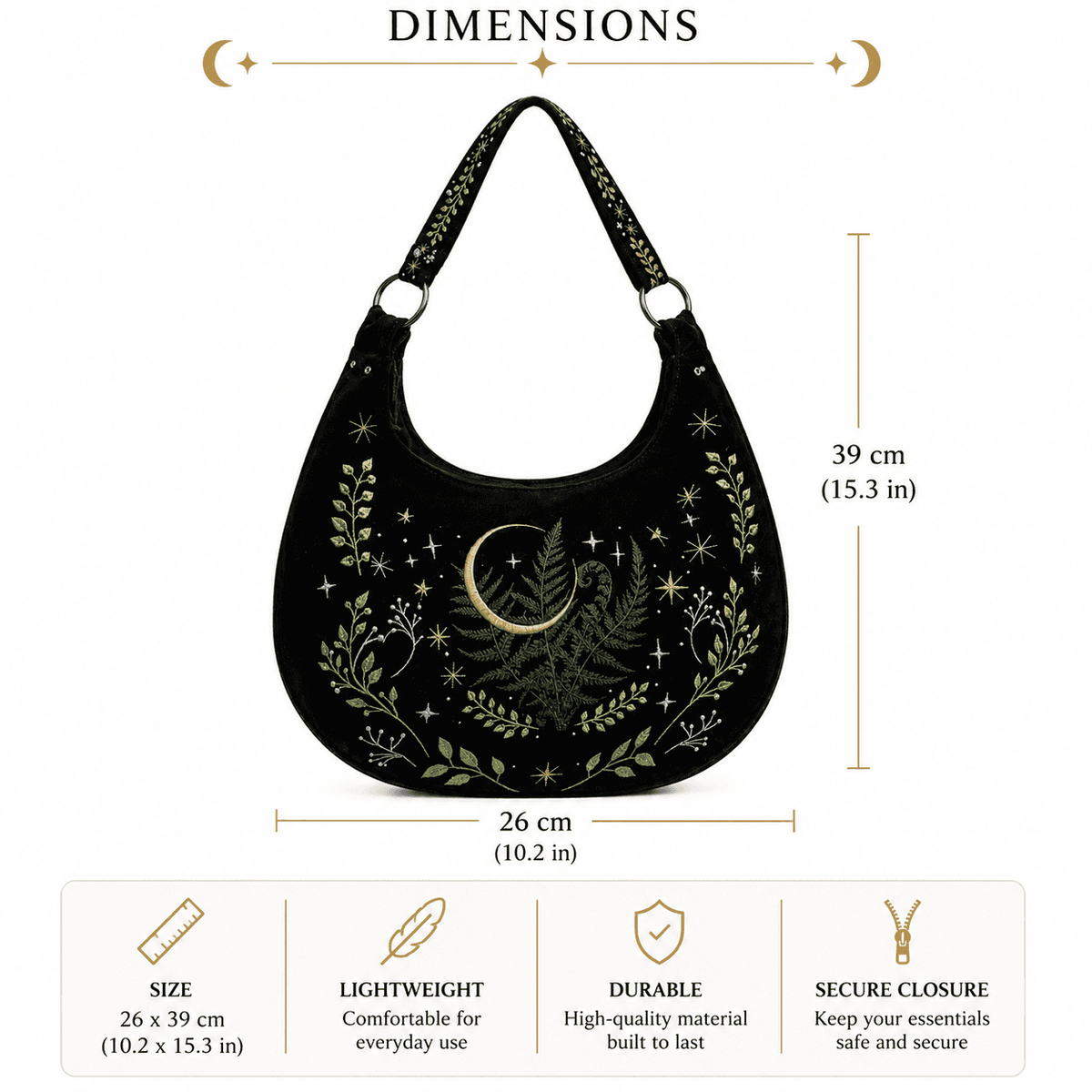 Moonlit Forest Witch Shoulder Bag with floral embroidery and secure closure for everyday use