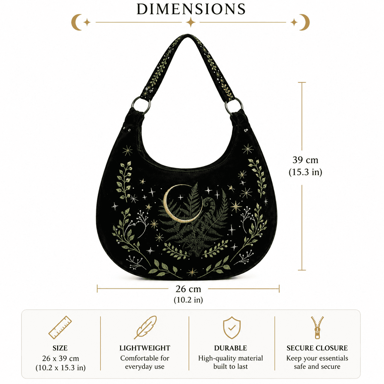 Moonlit Forest Witch Shoulder Bag with floral embroidery and secure closure for everyday use