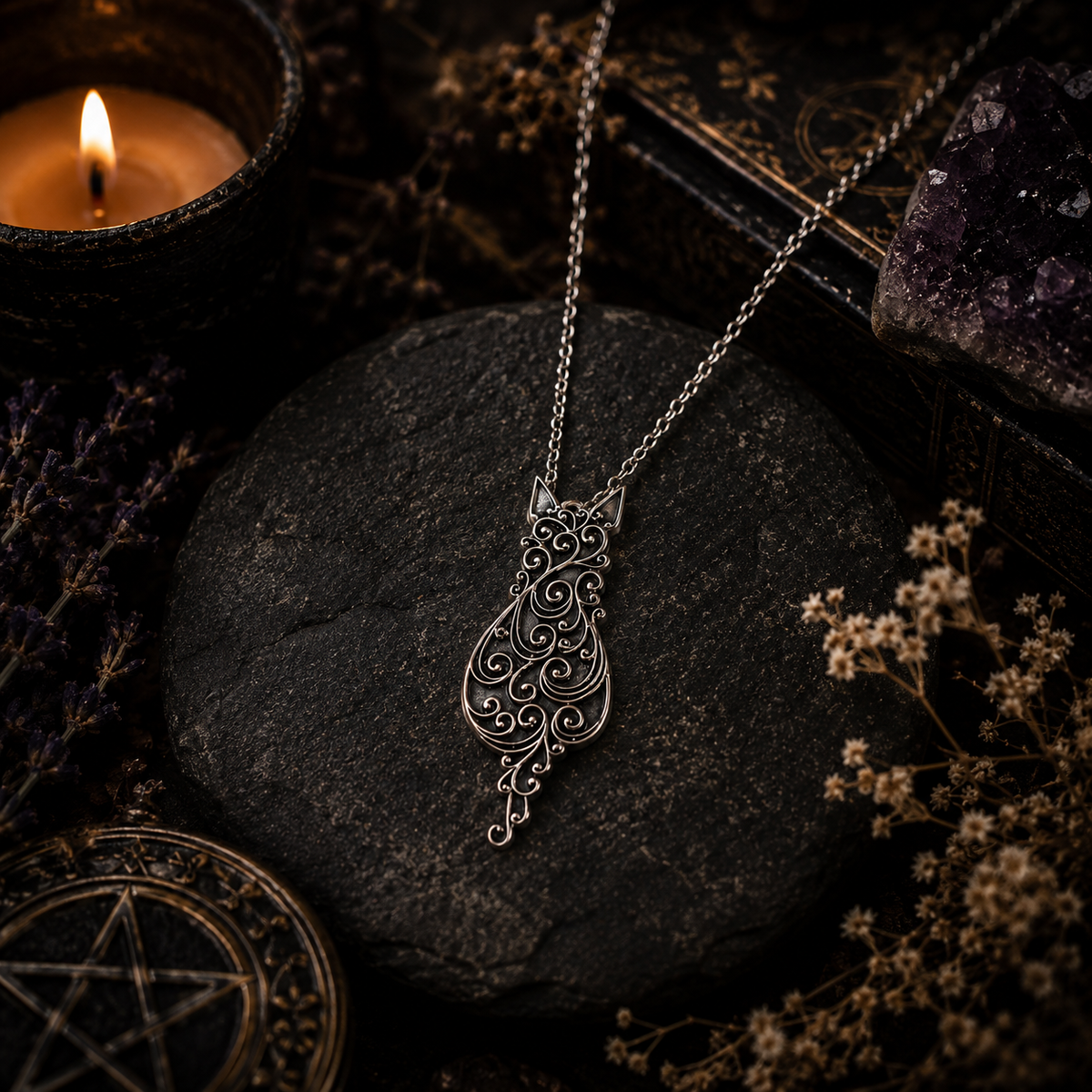 Miss Valkyrie Cat Necklace in Silver with Intricate Swirl Design and Adjustable Chain