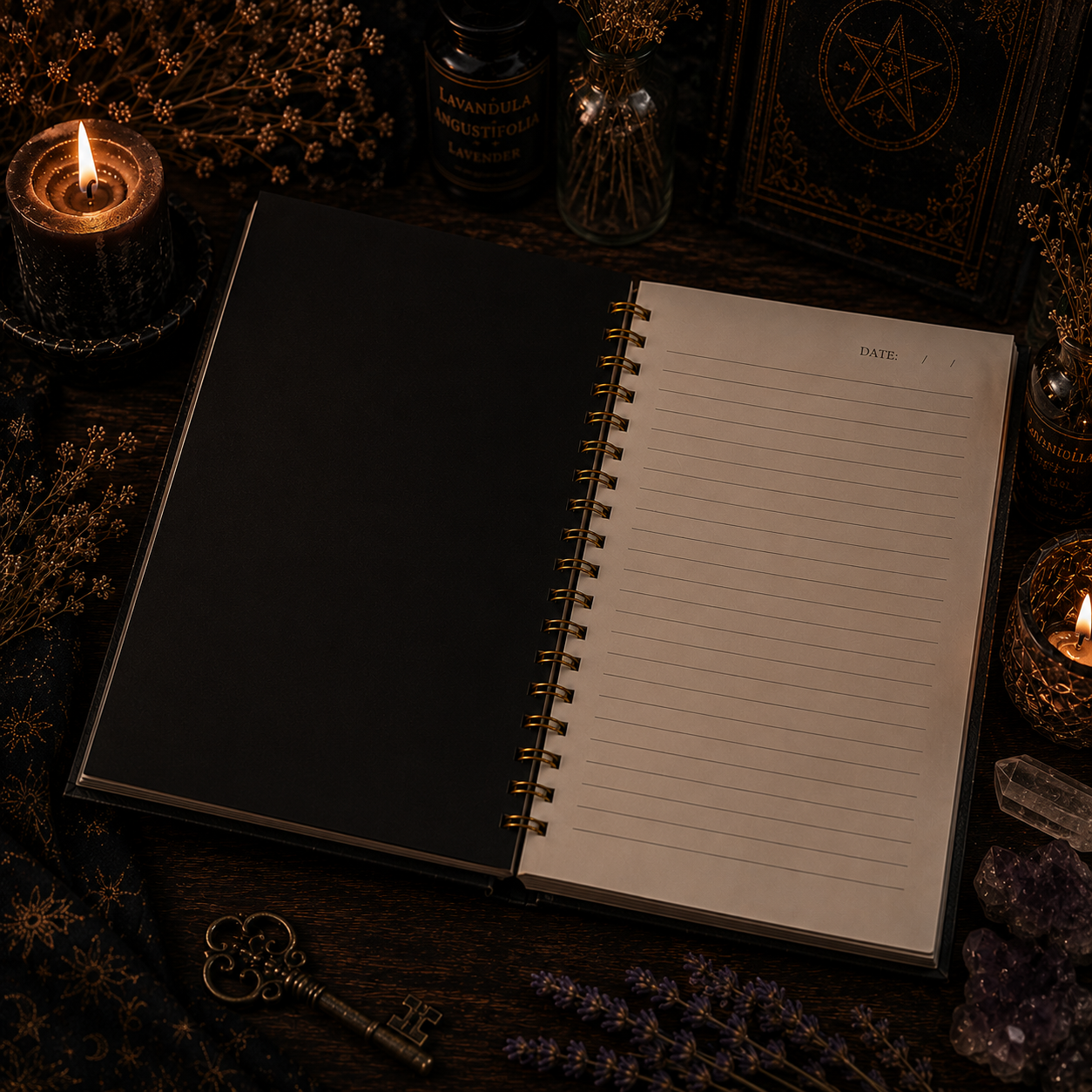 Celestial Moon Journal with Gold Moon Design and Spiral Binding on a Mystic Table Setting