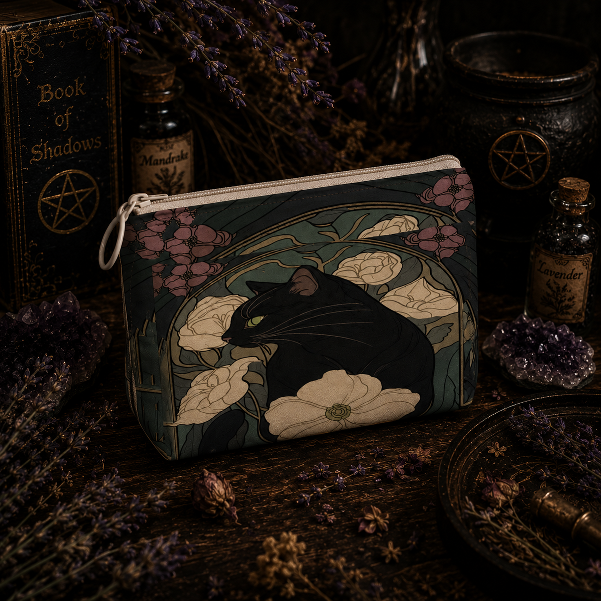Celestial Black Cat Pouch featuring a mystical design with flowers and an elegant black cat