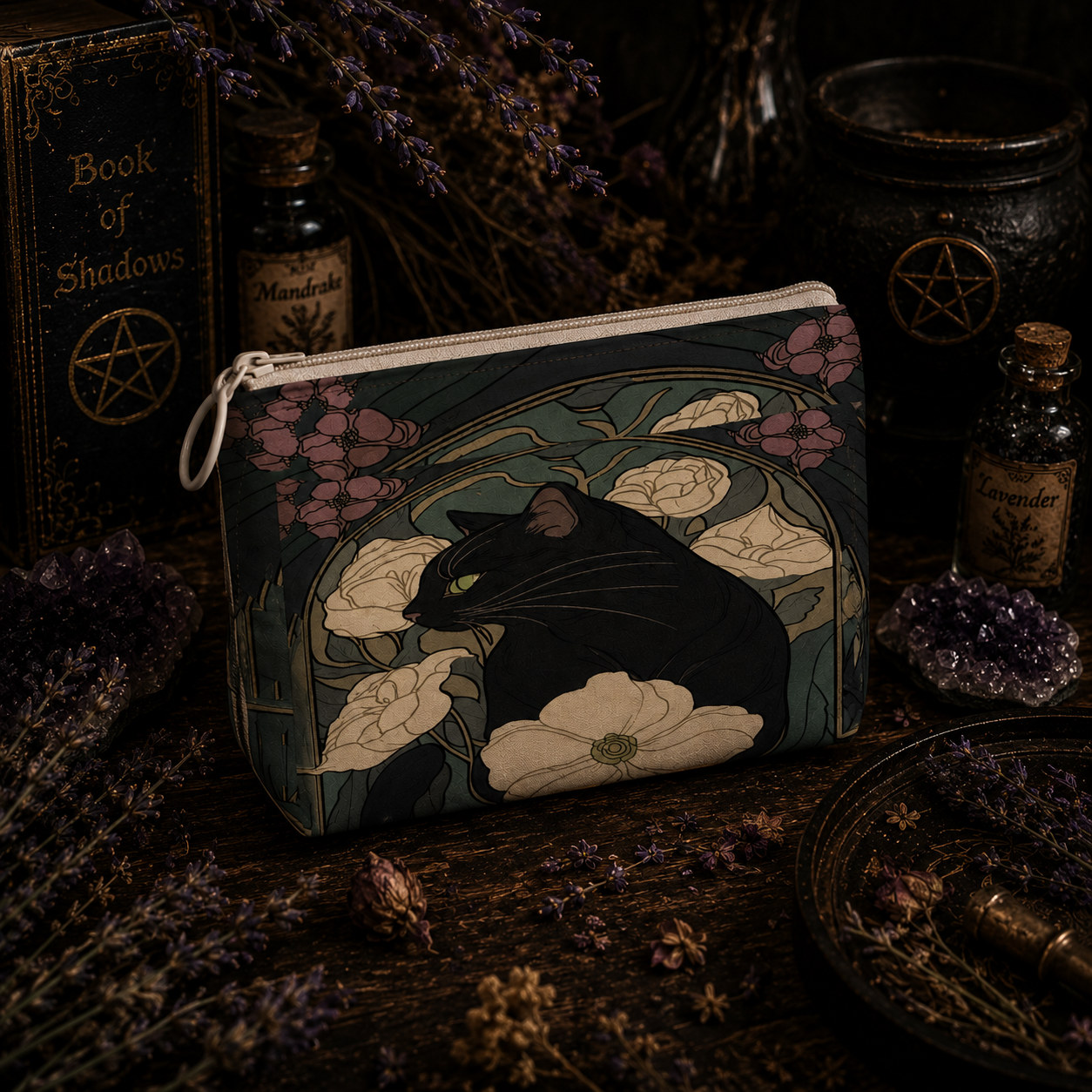 Celestial Black Cat Pouch featuring a mystical design with flowers and an elegant black cat