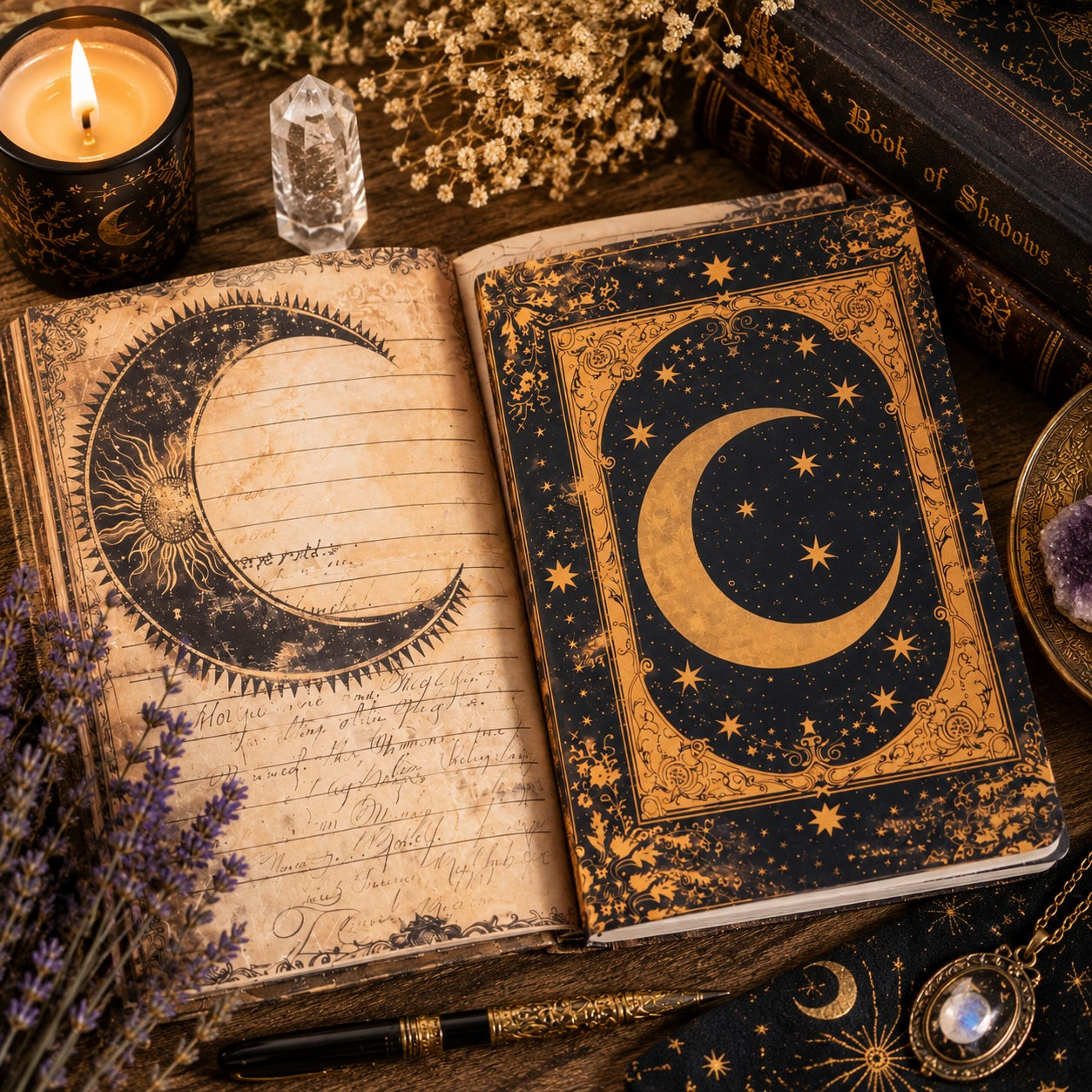 Celestial Moon Grimoire Journal with intricate celestial designs and golden accents on the cover