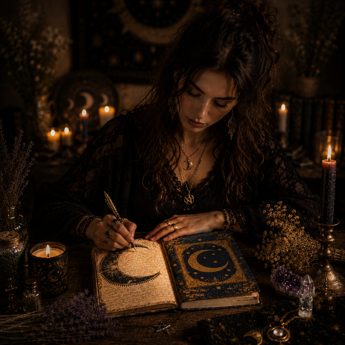 Woman writing in a Celestial Moon Grimoire Journal surrounded by candles and mystical decor