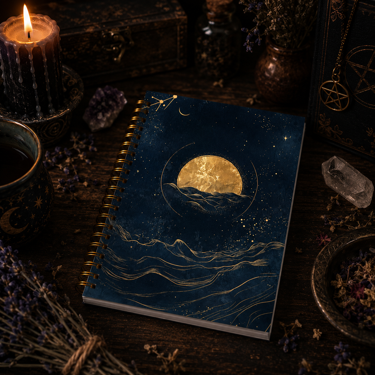 Celestial Moon Journal with Gold Moon Design and Spiral Binding on a Mystic Table Setting