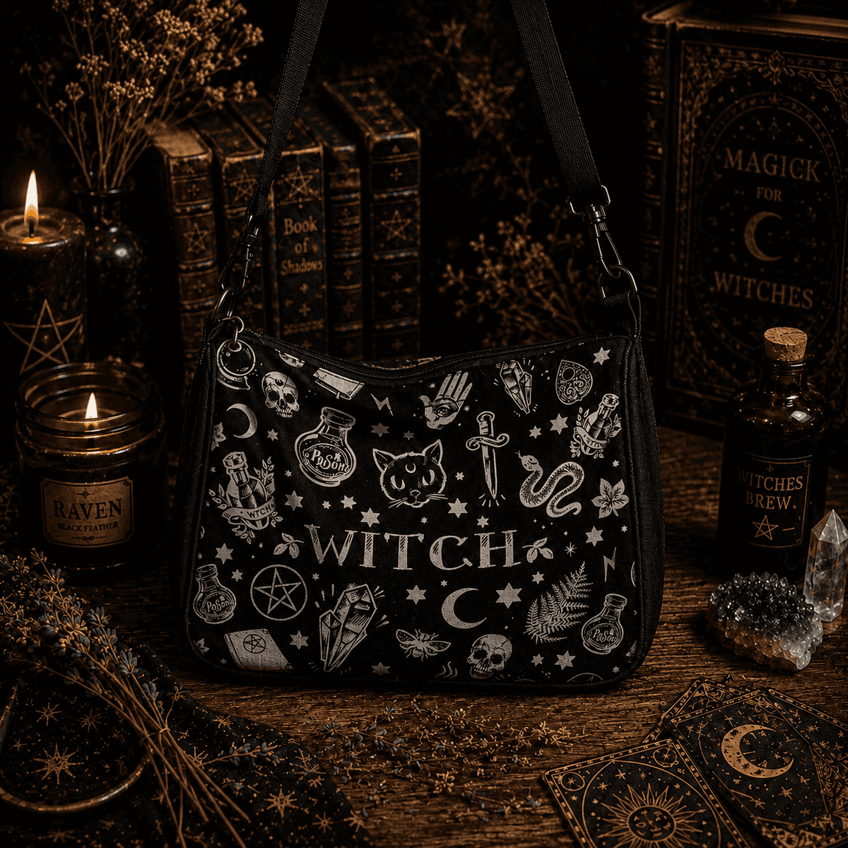 Miss Valkyrie Crossbody Bag featuring witchy designs of skulls, stars, and potions