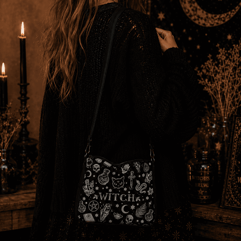 Miss Valkyrie Crossbody Bag featuring witch-themed designs perfect for gothic fashion lovers