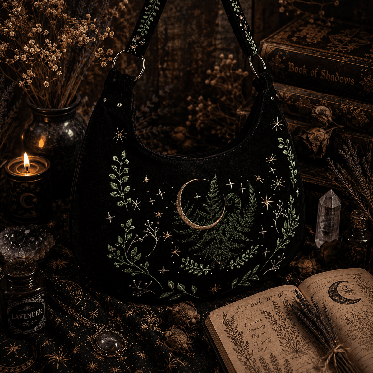 Miss Valkyrie Shoulder Bag with Dark Floral Embroidery and Moon Design for Stylish Accessories