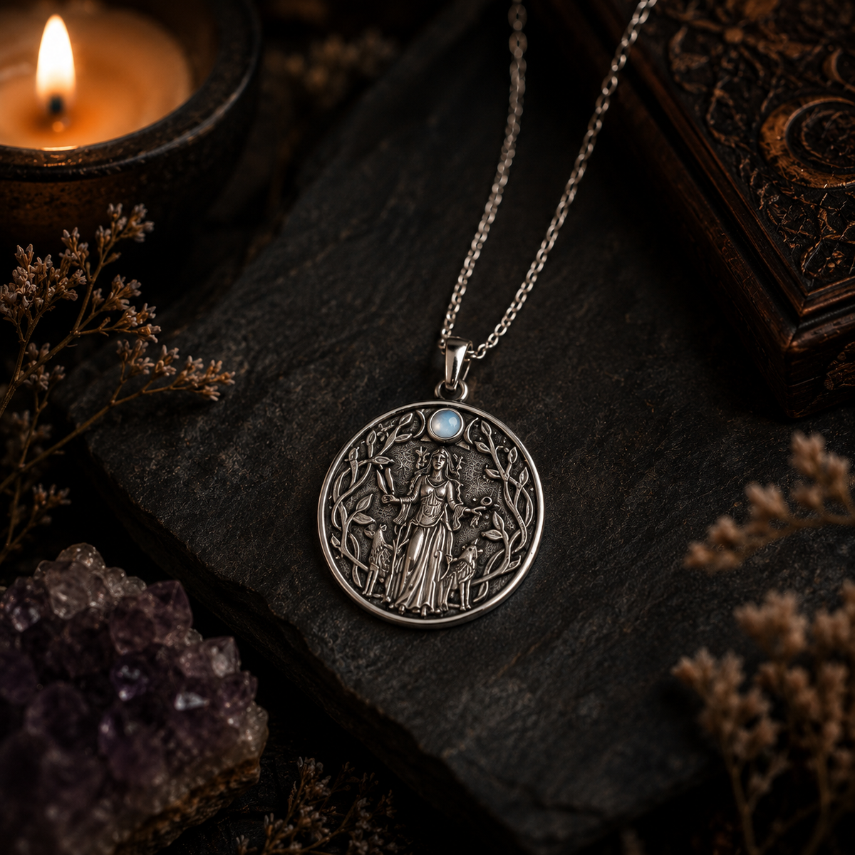 Silver goddess Hekate necklace featuring intricate design with a gemstone and hanging chain