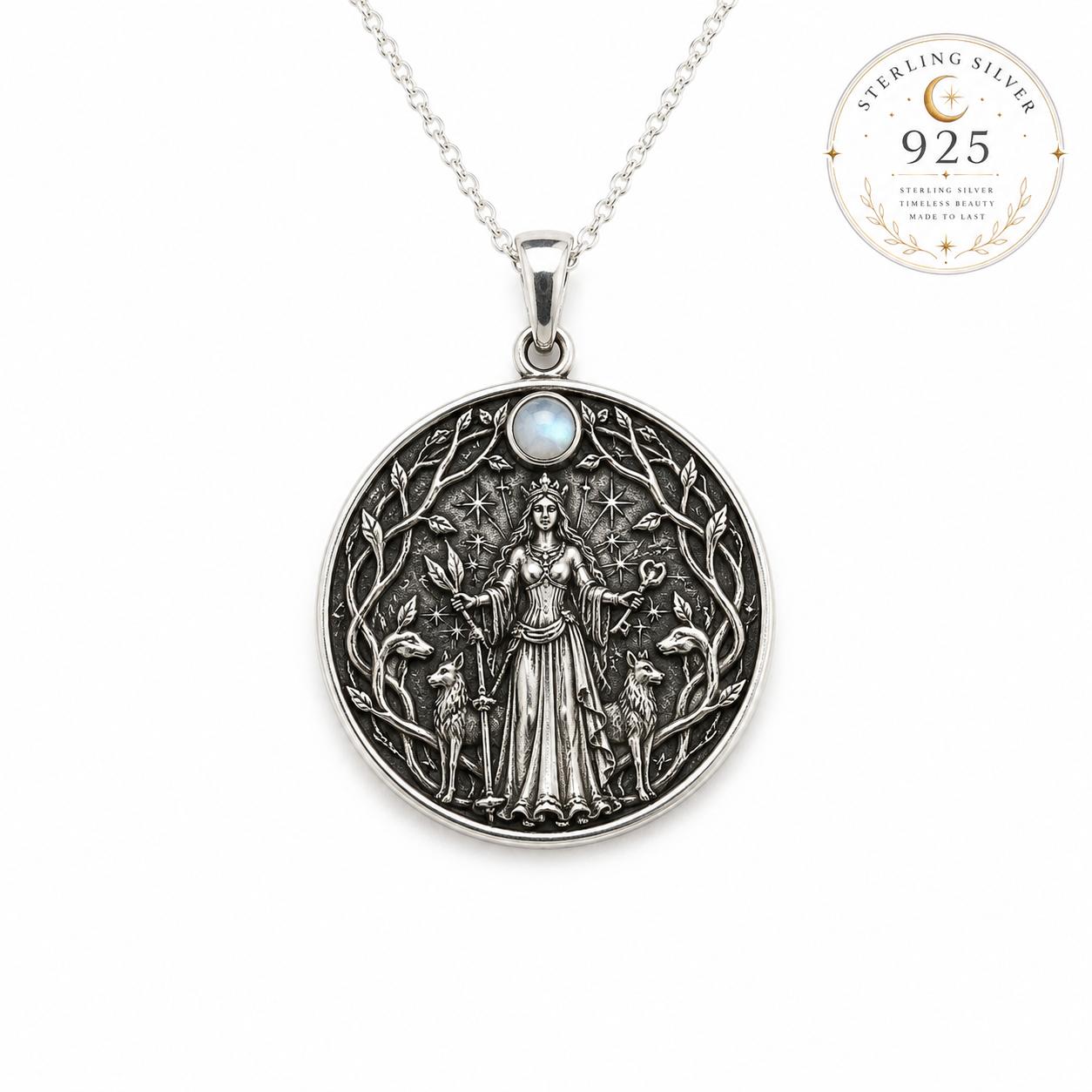 Goddess Hekate necklace in sterling silver featuring detailed design with moonstone and woodland motifs