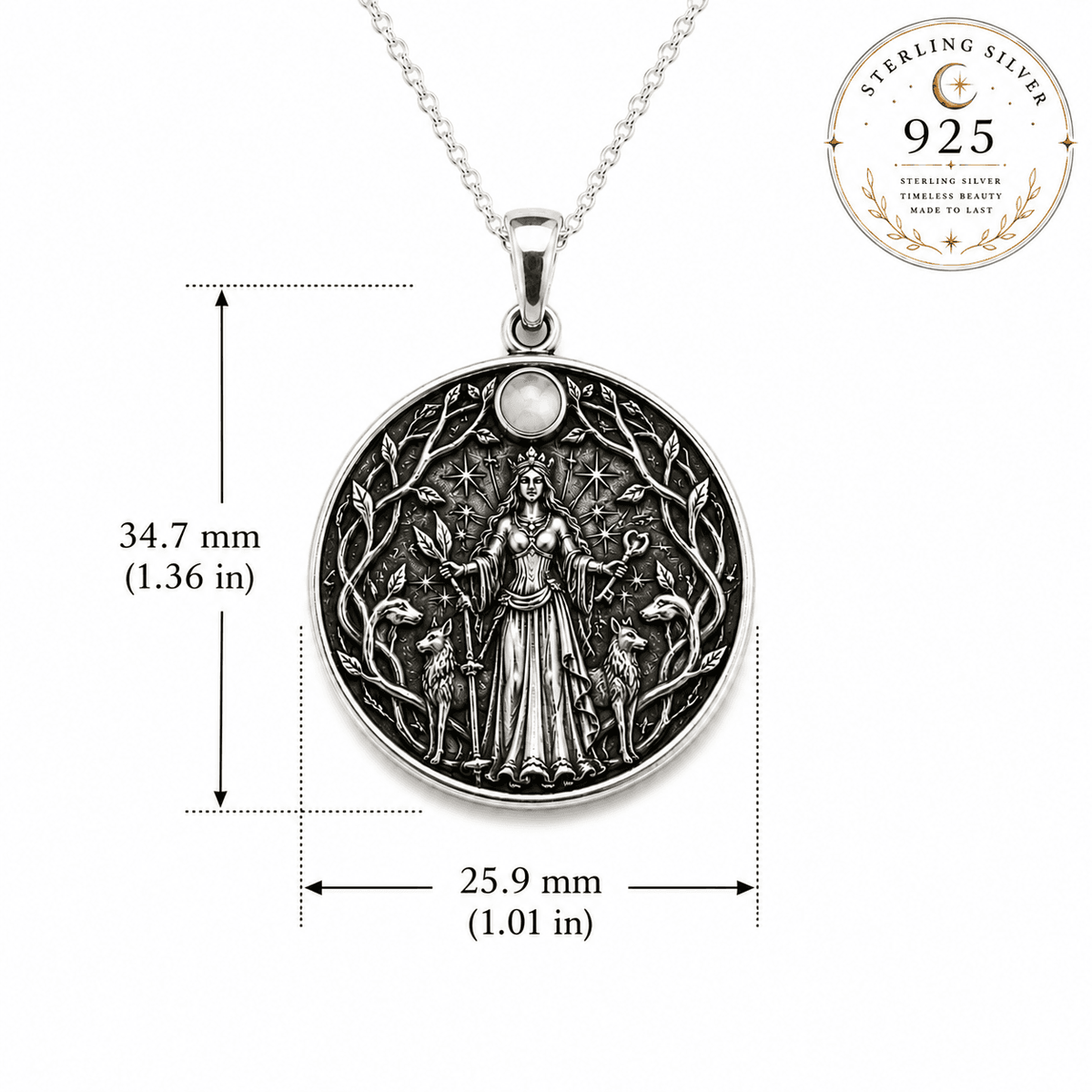 Sterling silver goddess Hekate necklace featuring intricate design and moonstone pendant