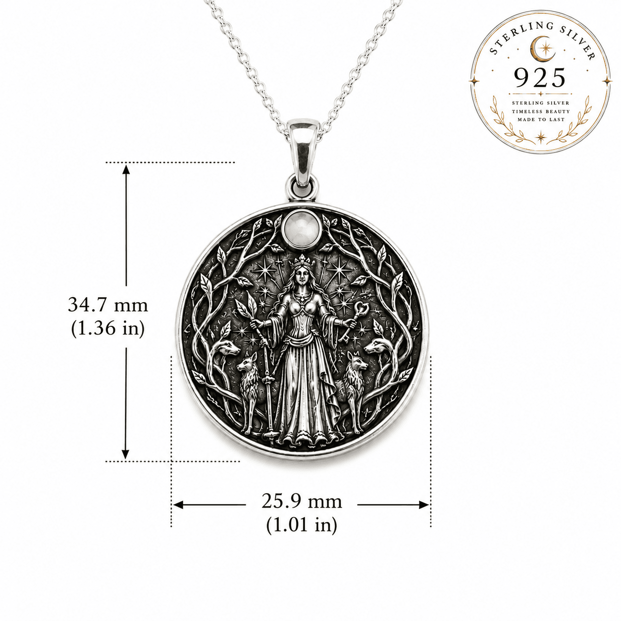 Sterling silver goddess Hekate necklace featuring intricate design and moonstone pendant