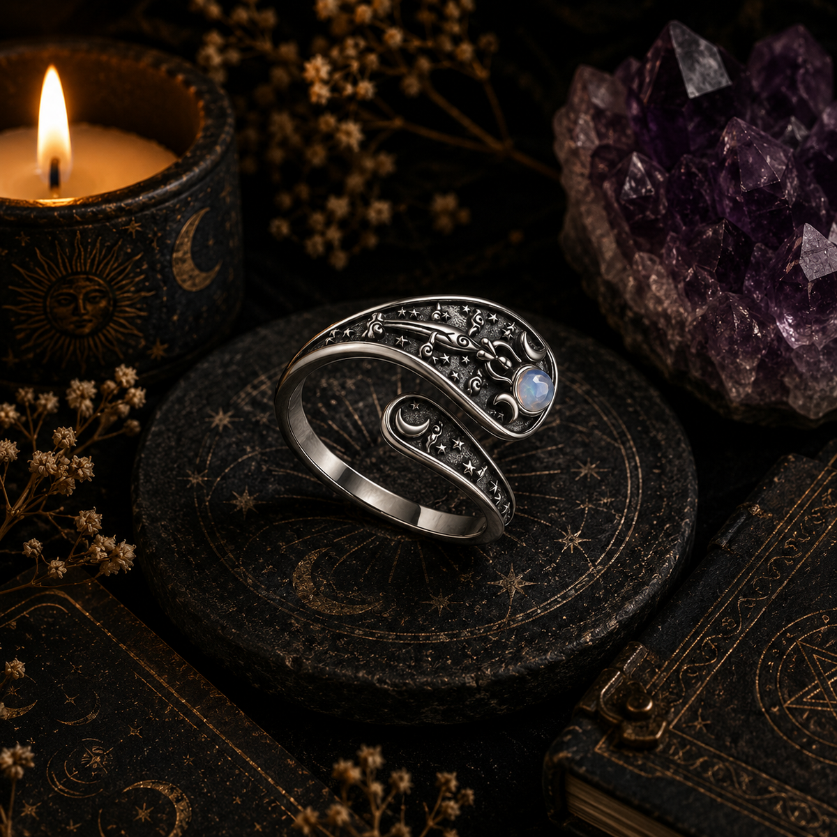 Hekate hecate ring in silver with intricate design and moonstone, set on a mystical black surface