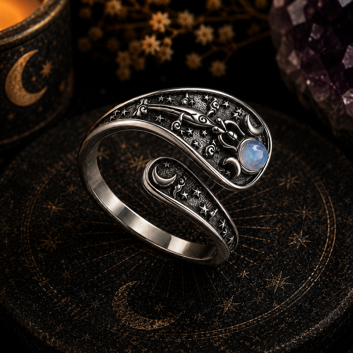 Hekate hecate ring in silver with celestial motifs and an iridescent stone for mystical style