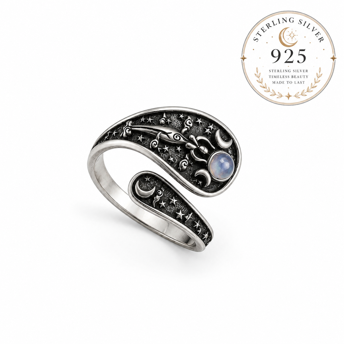 Miss Valkyrie Hekate hecate ring in sterling silver featuring intricate moon and star designs