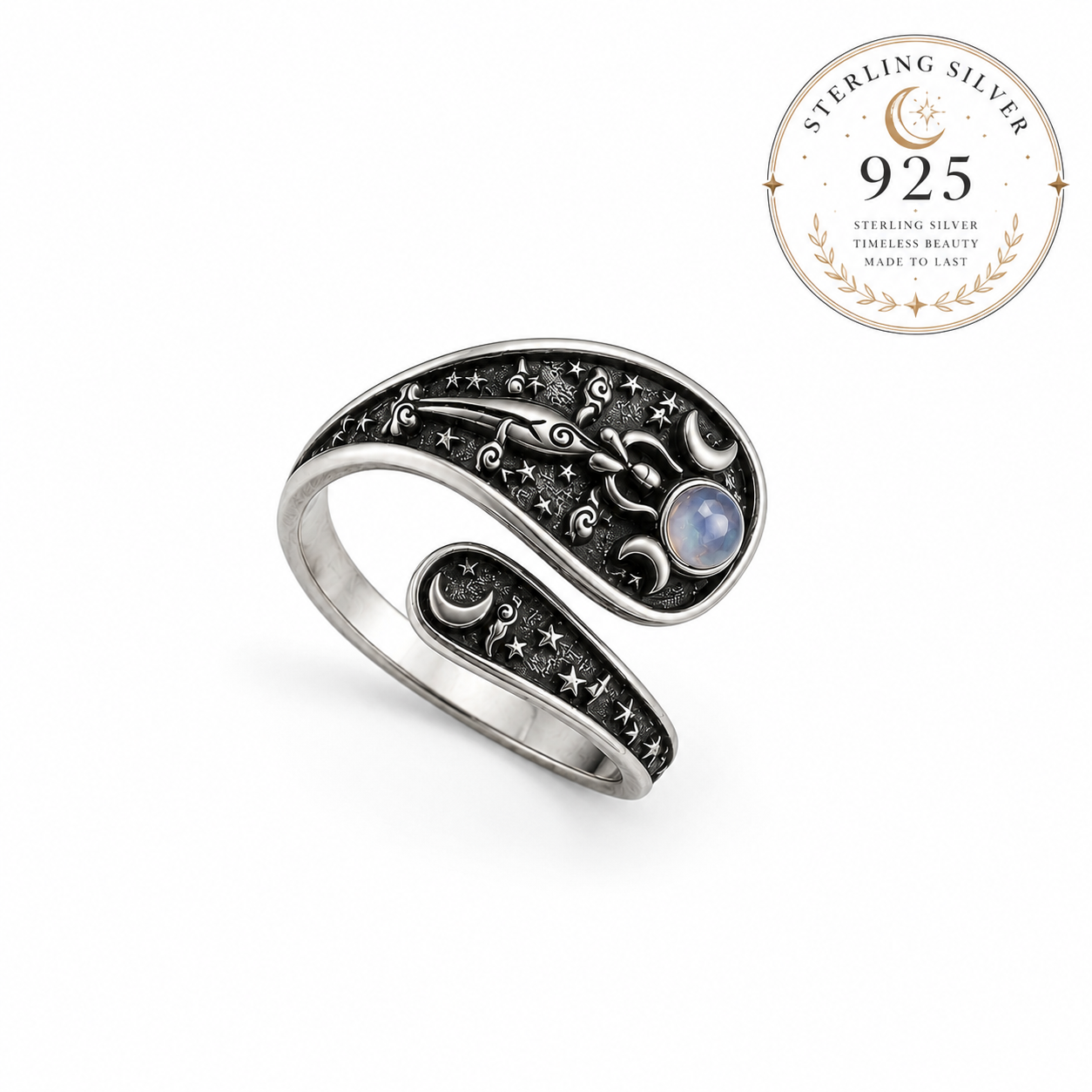 Miss Valkyrie Hekate hecate ring in sterling silver featuring intricate moon and star designs