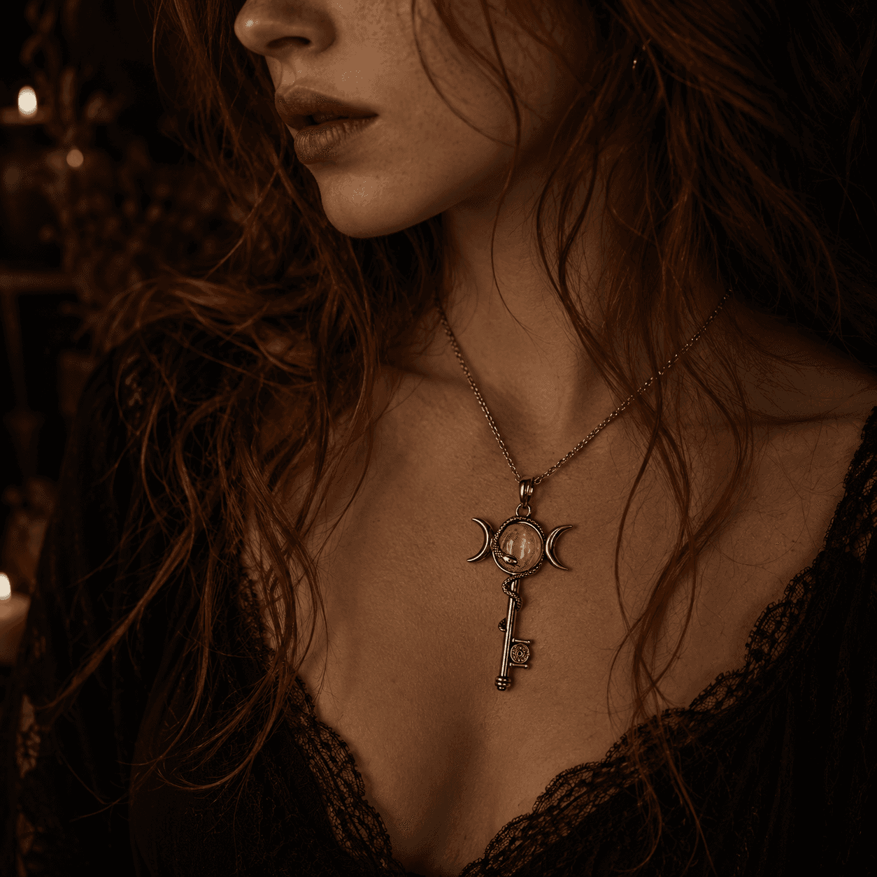 Hekate Key Moonstone Necklace displayed on a model with a dark, mystical background