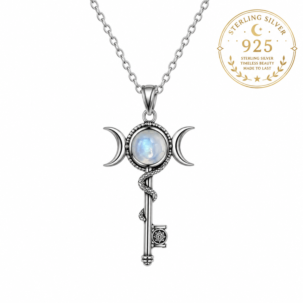Hekate Key Moonstone Necklace in sterling silver featuring a beautiful moonstone centerpiece