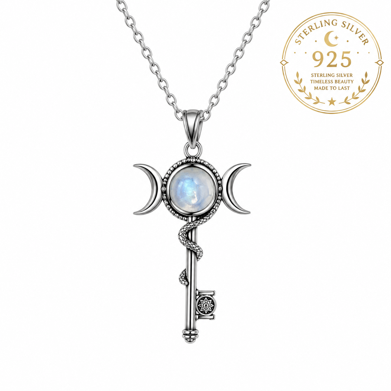 Hekate Key Moonstone Necklace in sterling silver featuring a beautiful moonstone centerpiece