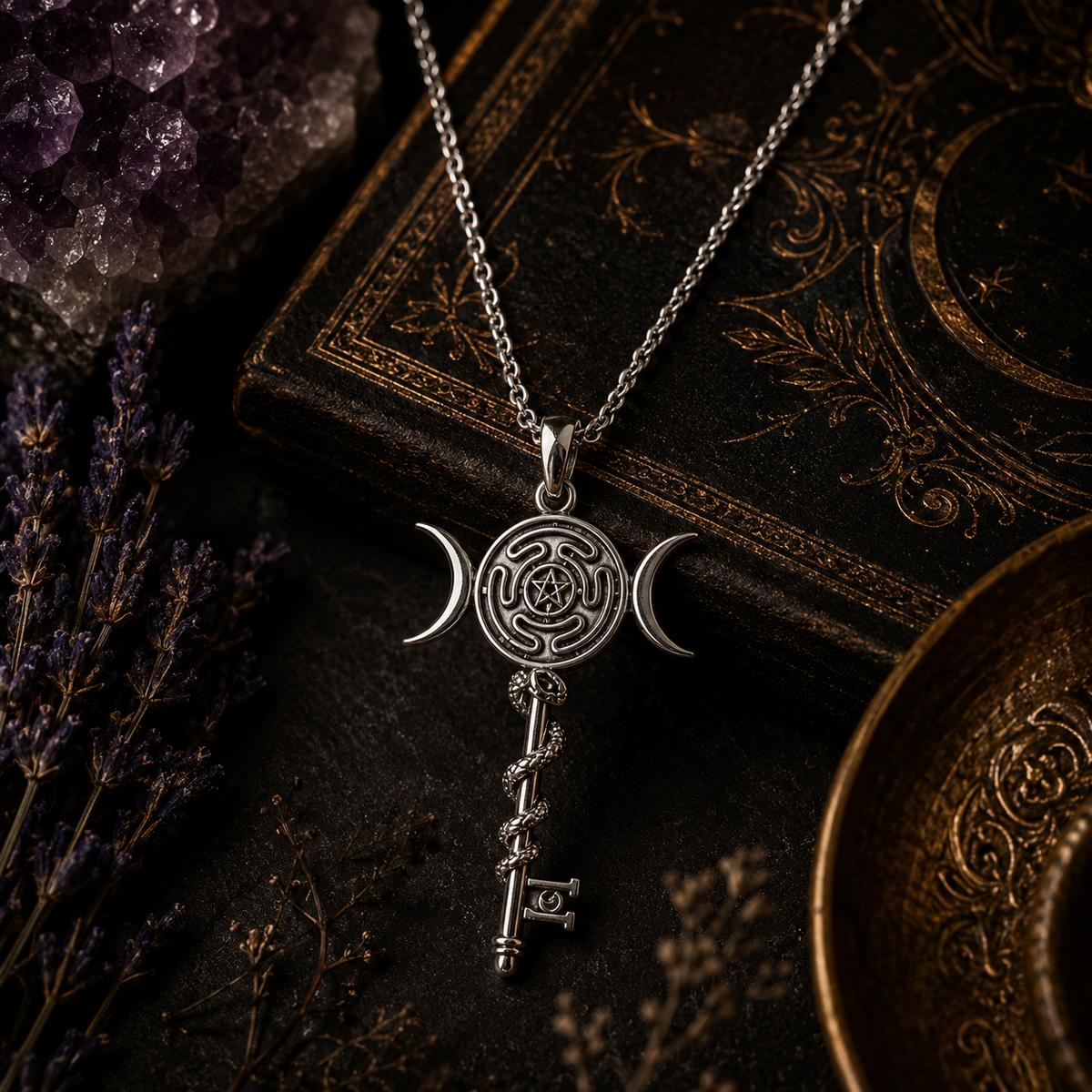 Miss Valkyrie Hekate wheel necklace in silver with key and crescent moon design