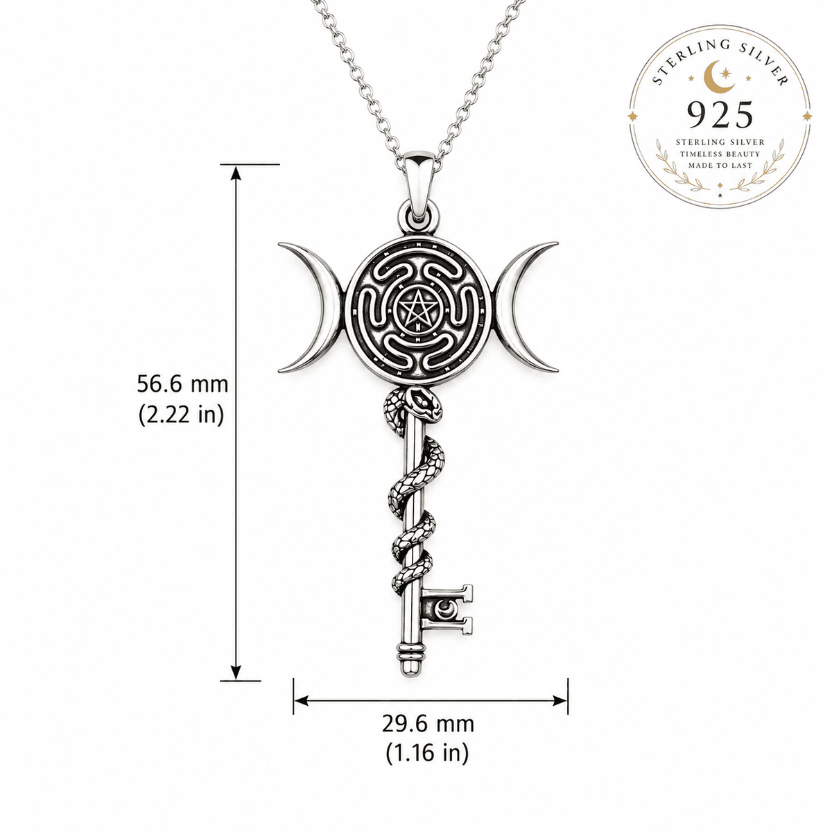 Hekate wheel necklace in sterling silver featuring intricate key design and crescent moon details