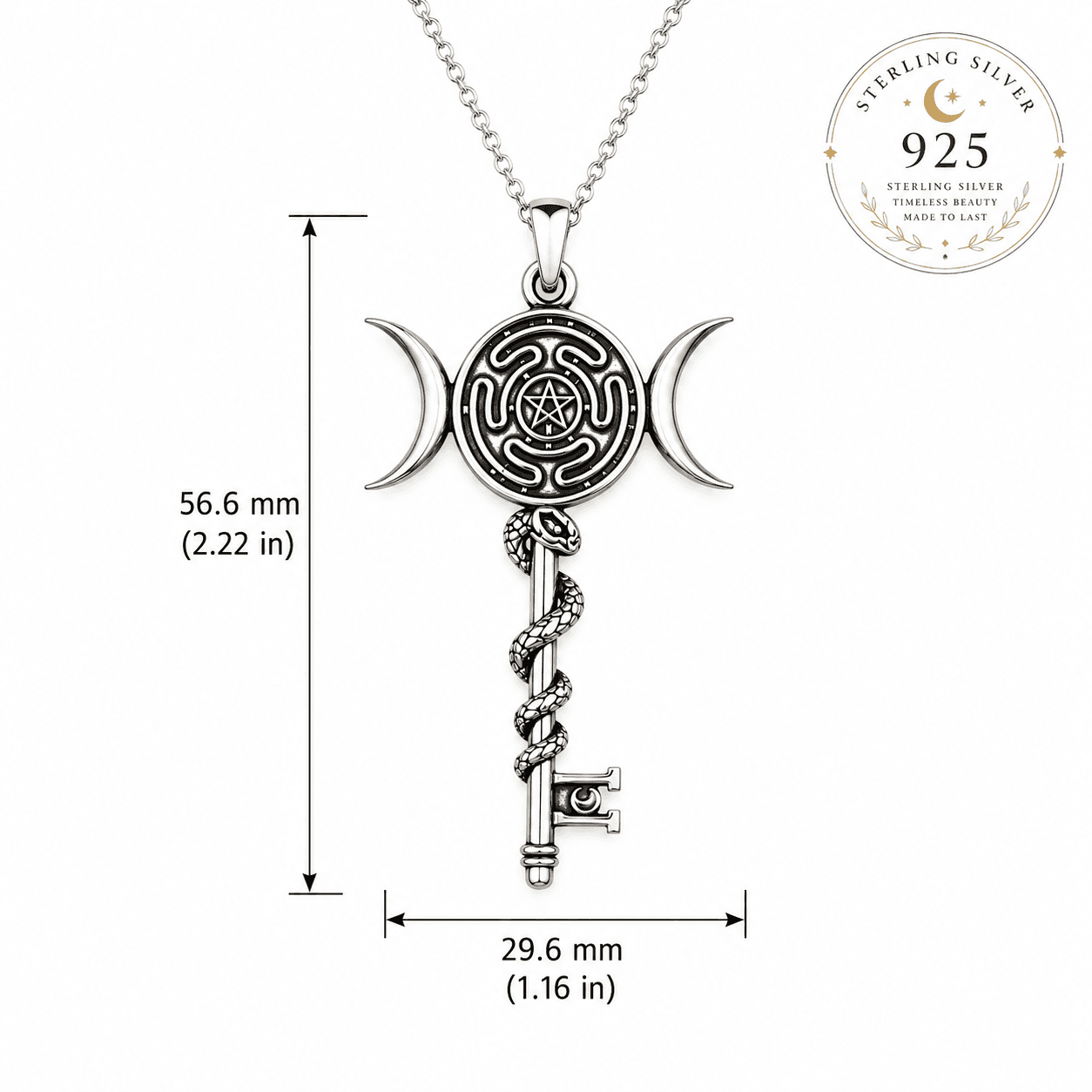 Hekate wheel necklace in sterling silver featuring intricate key design and crescent moon details