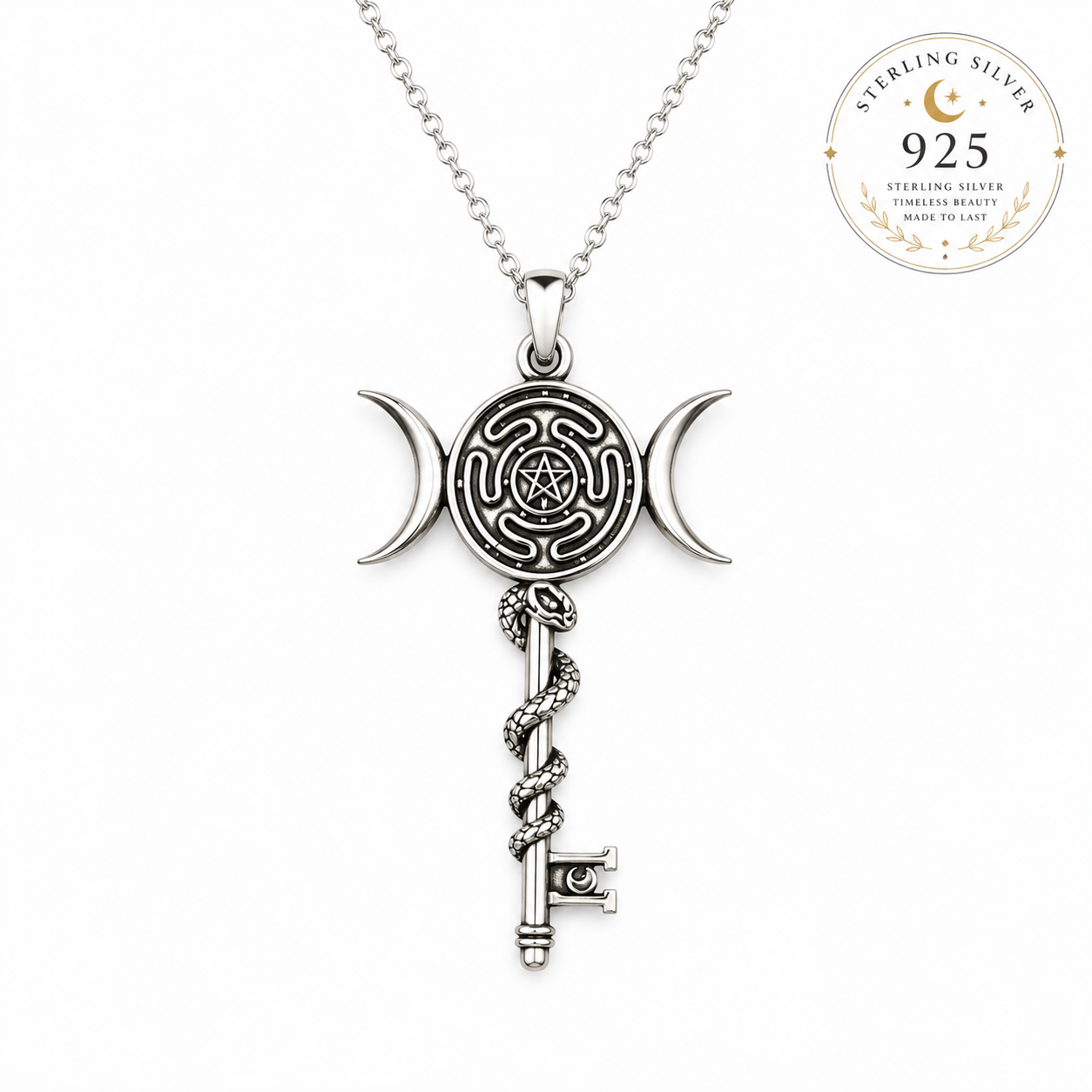 Miss Valkyrie Hekate wheel necklace in sterling silver featuring a key and crescent moon design
