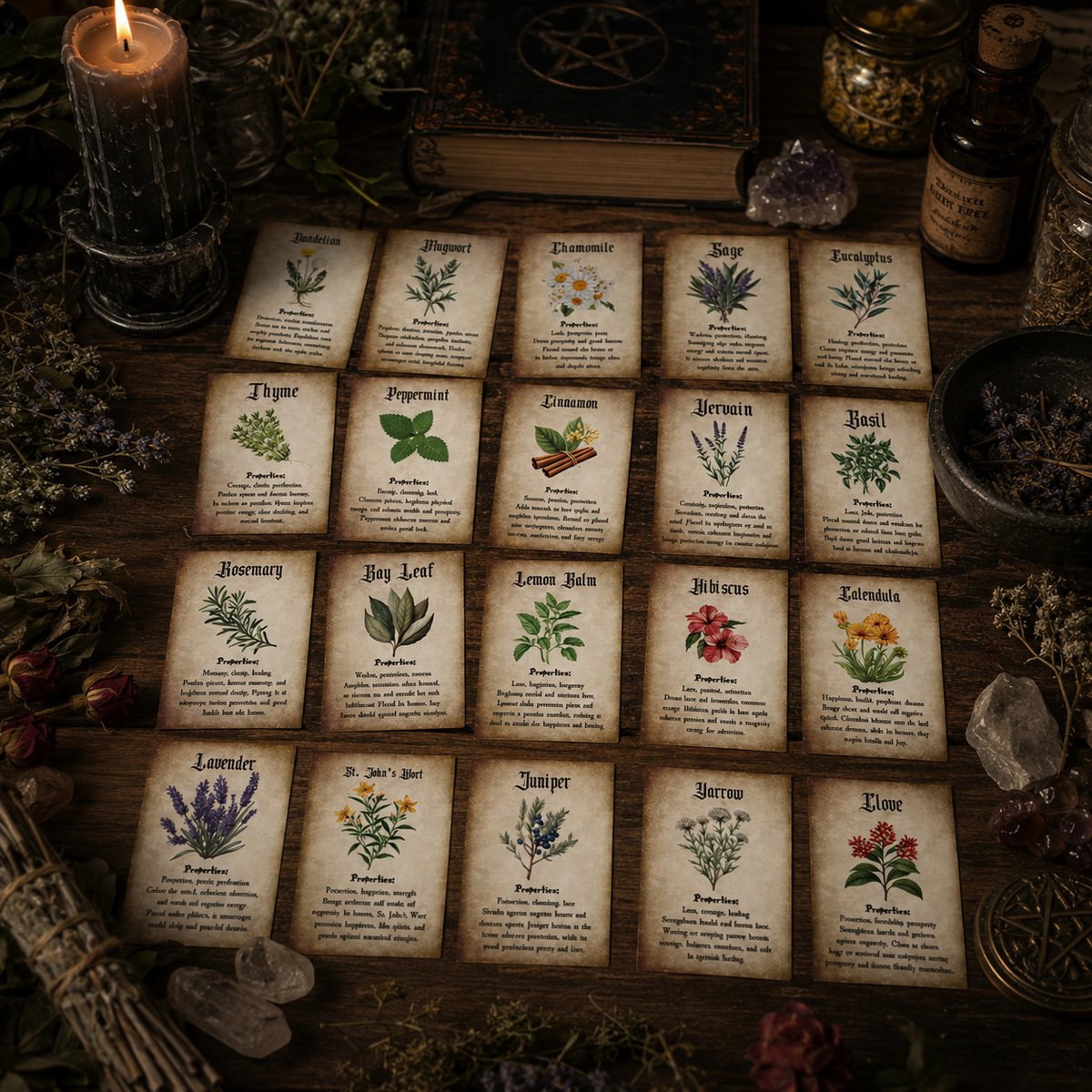 Herb Correspondence Cards – Set of 20 featuring beautifully illustrated herbal plants and their uses