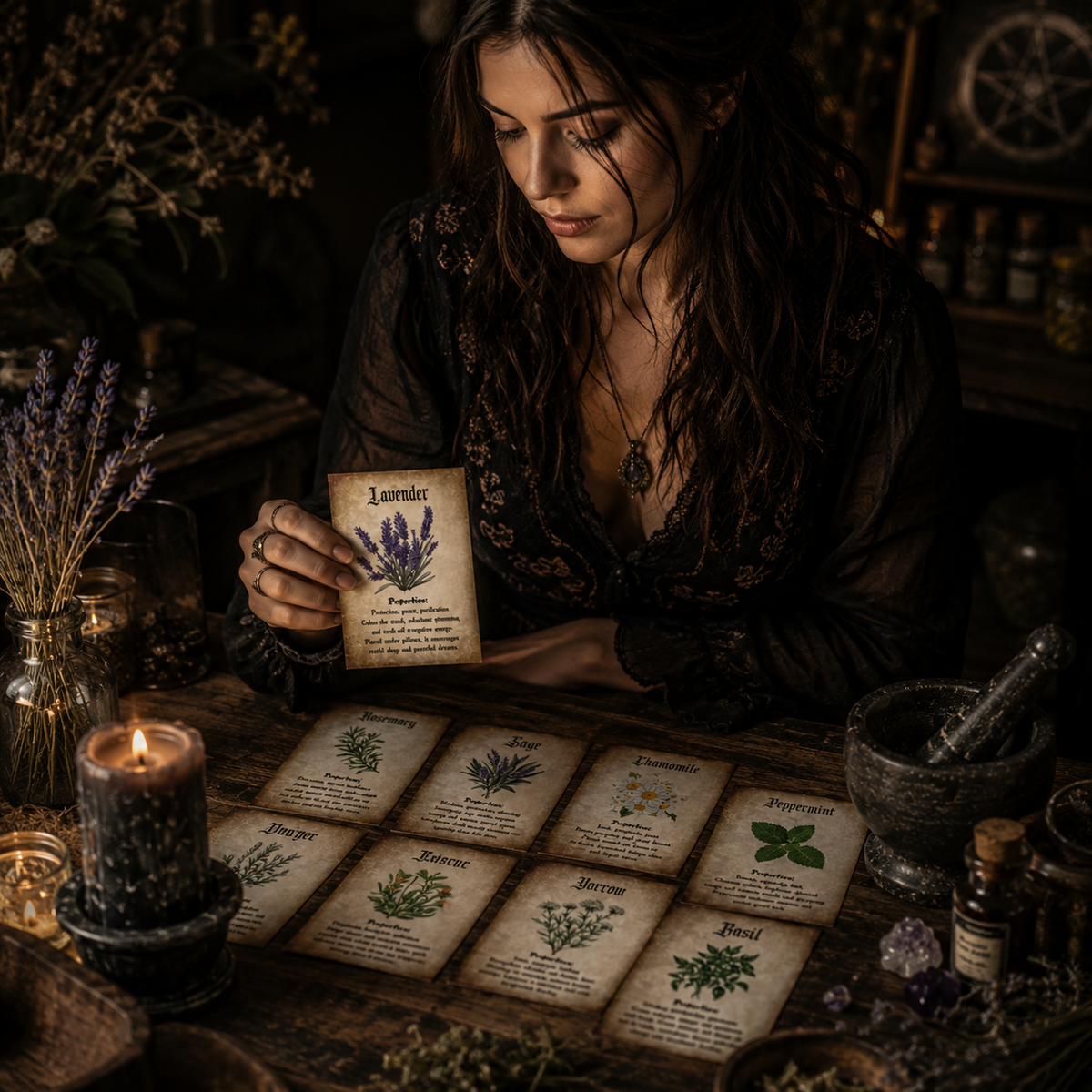 Herb Correspondence Cards – Set of 20 displayed on a wooden table with candles and herbs
