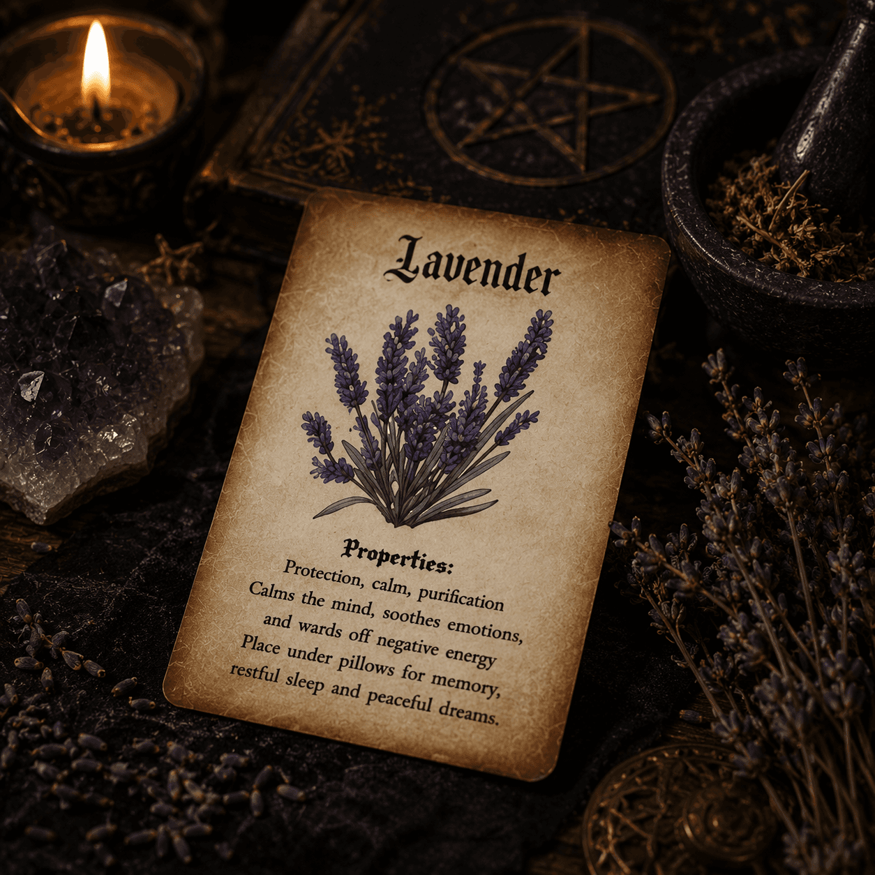 Herb Correspondence Cards – Set of 20 featuring Lavender with properties for calm and purification